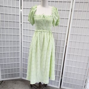 Green Gingham Smocked Midi Dress
